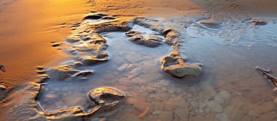 Sticker - Footprints in the wet sand on the beach, next to the fluid water, create a natural landscape event amidst the tranquil surroundings