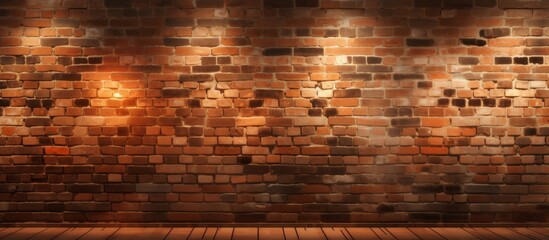 Poster - The empty room features a brown brick wall and amber wooden flooring, creating a harmonious blend of building materials with a symmetrical pattern