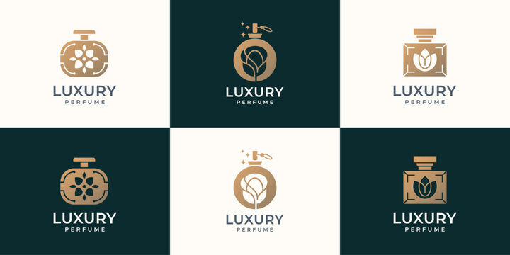 luxury bottle perfume logo set design template.symbol for cosmetic beauty salon, product, skin care.