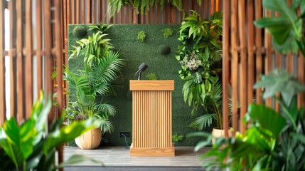 Aufkleber - A backdrop of greenery highlights a wooden podium for a captivating presentation  AI generated illustration