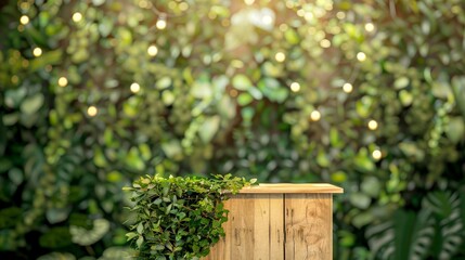 Aufkleber - A backdrop of greenery highlights a wooden podium for a captivating presentation  AI generated illustration