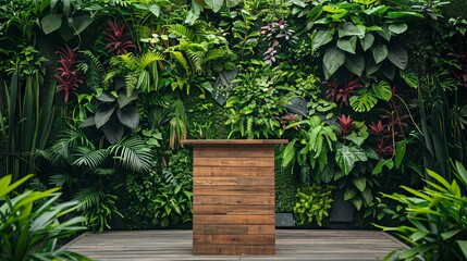 Aufkleber - A backdrop of greenery highlights a wooden podium for a captivating presentation  AI generated illustration