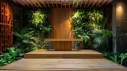 Wall Mural - A backdrop of greenery highlights a wooden podium for a captivating presentation  raw AI generated illustration