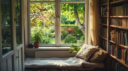 Wall Mural - A cozy reading nook with a window seat and a view of a peaceful garden  AI generated illustration