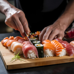 Wall Mural - A close-up of a chefs hands assembling sushi.