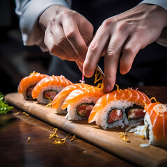 Canvas Print - A close-up of a chefs hands assembling sushi.