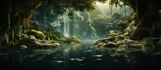 Poster - A serene river flowing through a lush forest, with a majestic waterfall cascading in the background, surrounded by terrestrial plants and trees