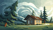 Flat vector scene with house and fir trees blowing