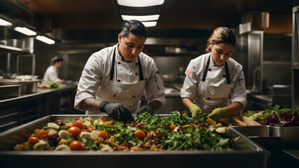 Wall Mural - People chopping fruits and vegetables at a restaurant