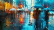 A blurred reflection of skyscrapers and city lights in a slick raincovered sidewalk as people hurry along under umbrellas.