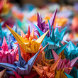 A stack of colorful origami cranes.