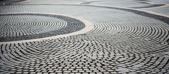 Poster - A detailed shot of a circular pattern created by Automotive tires on a grey cobblestone street, highlighting the unique road surface and geometric design