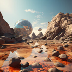 Poster - A surreal desert landscape with floating rocks.