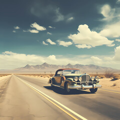 Sticker - A vintage car driving on a desert highway. 