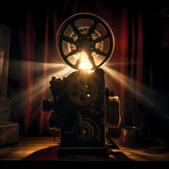 Wall Mural - A vintage film projector casting light in a dark room