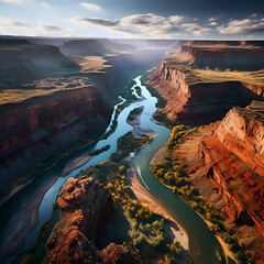 Sticker - A birds eye view of a winding river through a canyon