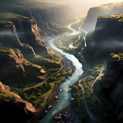 Poster - A birds eye view of a winding river through a canyon