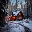 A cozy cabin in the woods surrounded by snow-covered trees