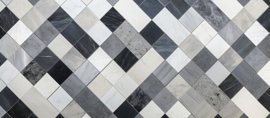 Poster - A detailed view of a monochromatic black and white checkered tile floor, resembling a road surface with rectangle patterns in contrasting Purple and Grey tones