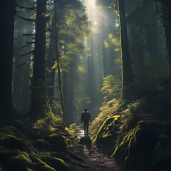 Canvas Print - A person hiking through a dense mystical forest.