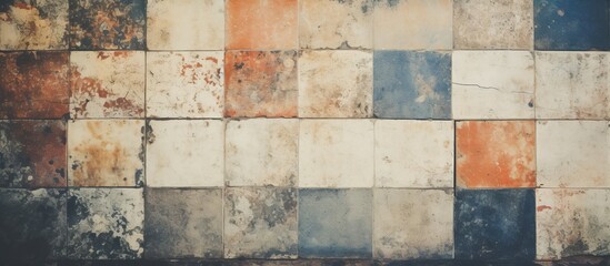 Poster - A detailed view of a vibrant rectangular checkered tile wall made from composite materials, creating a colorful and eyecatching pattern on the facade of the building