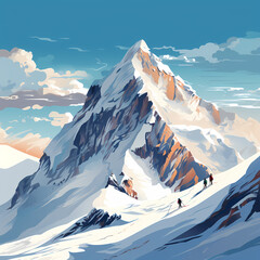 Poster - A snowy mountain peak with skiers on a sunny day.