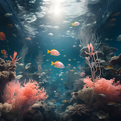 Canvas Print - A surreal underwater scene with floating fishes