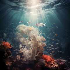 Poster - A surreal underwater scene with floating fishes