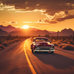 Canvas Print - A vintage car on an empty desert highway at sunset 