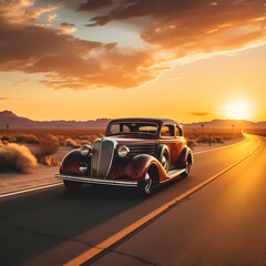 Poster - A vintage car on an empty desert highway at sunset 