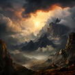 Dramatic clouds over a mountainous landscape.