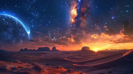 Starry night over desert, infinite universe