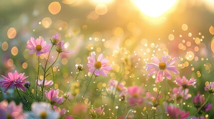 Wall Mural - Wildflower meadow at sunrise, dewy freshness