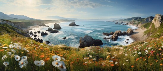 Poster - The view from the cliff offers a picturesque scene of the vast ocean meeting the horizon, with a field of beautiful flowers blanketing the natural landscape below