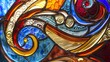 A closeup shot of a stained glass window reveals the intricate details and expert craftsmanship of the swirling designs and vibrant hues.