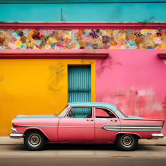 Poster - Vintage car parked in front of a colorful wall.