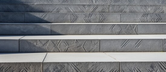 Poster - A close up of a set of stairs with a rectangle pattern on grey composite material, resembling automotive tire tracks. The flooring is made of asphalt, creating a unique facade with a modern font