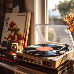 Sticker - Vintage vinyl records and a record player.