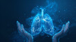 © Malaika - Two human hands are holds human lungs. Support healthy lungs concept. Wireframe glowing low poly design on dark blue background. generative ai
