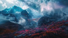 Vivid Mountain Range With Crimson Flora Under Stormy Skies - An Awe-inspiring Mountainous Landscape With Striking Red Plants Under A Tempestuous Cloud-filled Sky