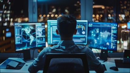Poster - Security analyst monitoring screens in office - A security analyst is focused on monitoring multiple screens filled with data in a high-tech office