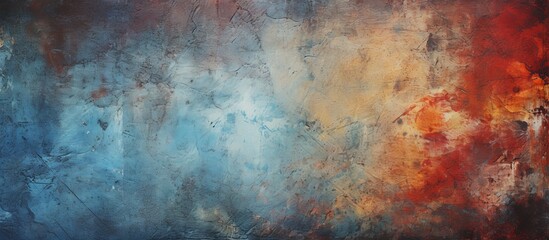 Poster - A close up of a painting with an electric blue and red background, showcasing a beautiful pattern of tints and shades inspired by meteorological phenomena