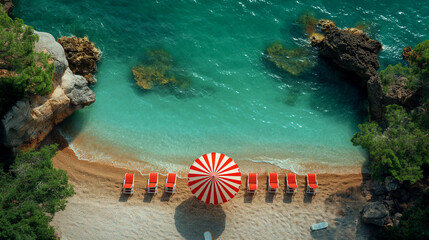 Wall Mural - Top view of Beach chairs with red umbrella and beautiful turquoise ocean