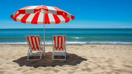 Wall Mural - Beautiful beach. Amazing beach landscape. White sand, chairs and umbrella travel tourism wide panorama background concept