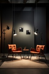 Wall Mural - A sleek interview setup with two designer chairs and studio lighting AI generated illustration