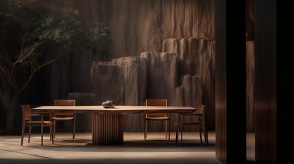 Aufkleber - A void wooden table set against a blurry luminous interior design  AI generated illustration