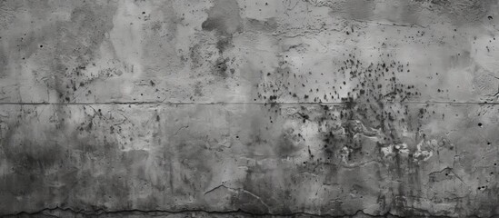 Poster - A monochrome photograph of a concrete wall with a patterned texture. The grey tones contrast with the natural landscape of plants and grass growing alongside the wood and soil