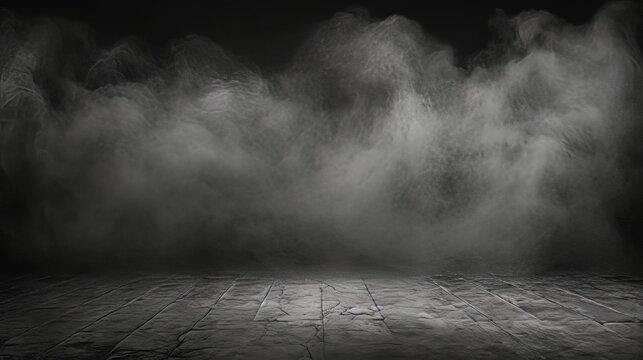 Abstract image of dark room concrete floor Black room or stage background for product cloudiness mist or smog moves on black background AI generated illustration