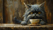 A Grumpy Cat Finds Solace in His Morning Coffee