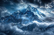 Clouds Over Mountain In Alaska With Magnificent scenery of snowcapped peaks with a mysterious look. Snowy Peaks Shrouded in Clouds, Dark Blue and White Tones, Captured in Top View with Backlighting. 